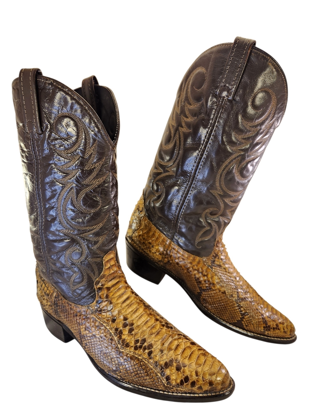 VINTAGE ACME WESTERN COWBOY MEN BOOTS BROWN YELLOW PYTHON SIZE 11 D